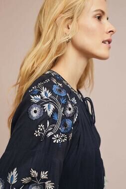 New Anthropologie Tasseled Embroidered Floral Jacket by Ranna Gill $158 Blue XS